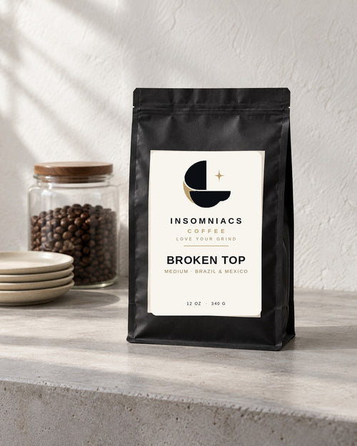 Broken Top — 12 oz (340 g) bag of coffee in a matte black pouch