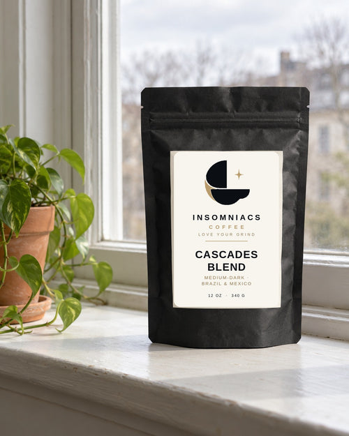 Cascades Blend — 12 oz (340 g) bag of coffee in a matte black pouch
