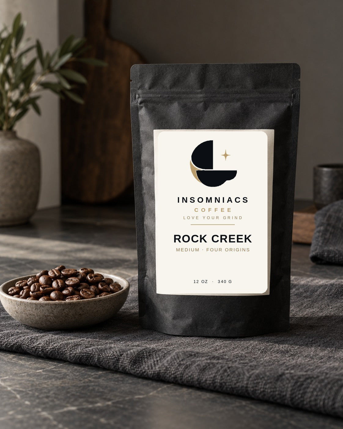 Rock Creek — 12 oz (340 g) bag of coffee in a matte black pouch